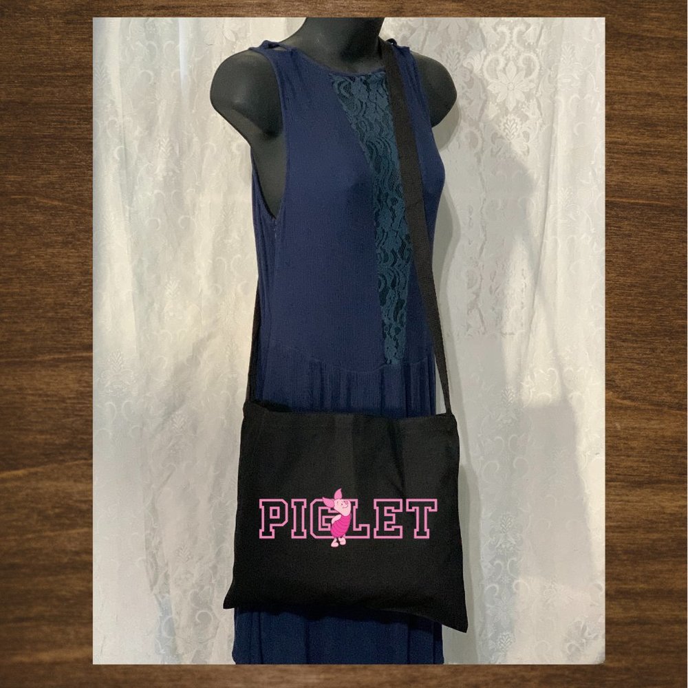 Piglet Crossbody Messenger Cotton Canvas Tote Bag with Long Strap